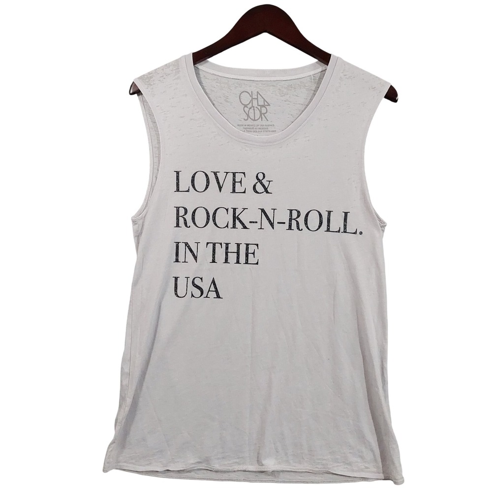 Chaser Muscle Tank Top Women Medium White Love & Rock-N-Roll USA Graphic Burnout